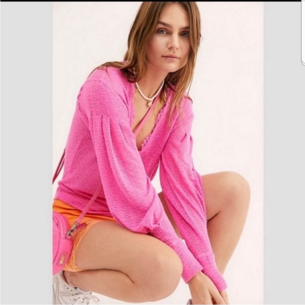 Free People Dream Girl Pink V-Neck Lace Sweater Medium
